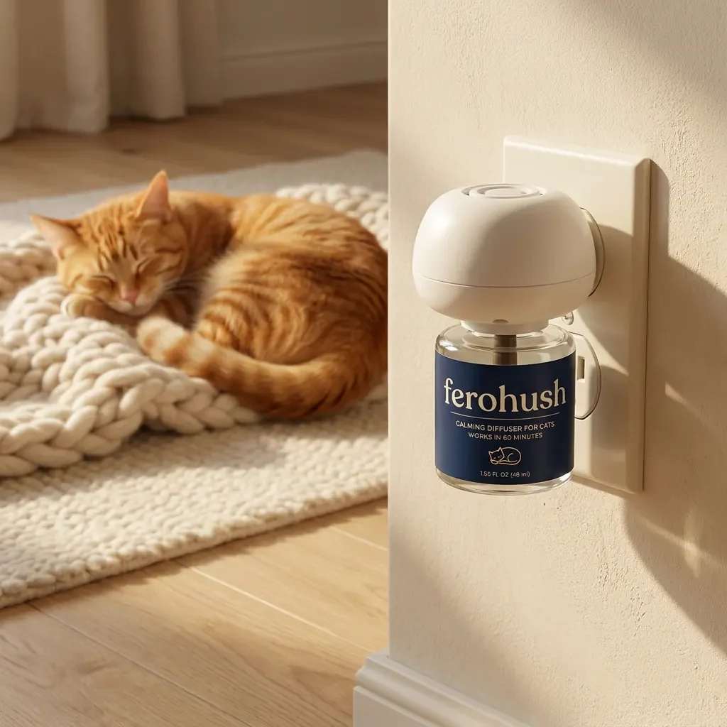 FeroHush calming diffuser plugged into a wall with a cat asleep nearby